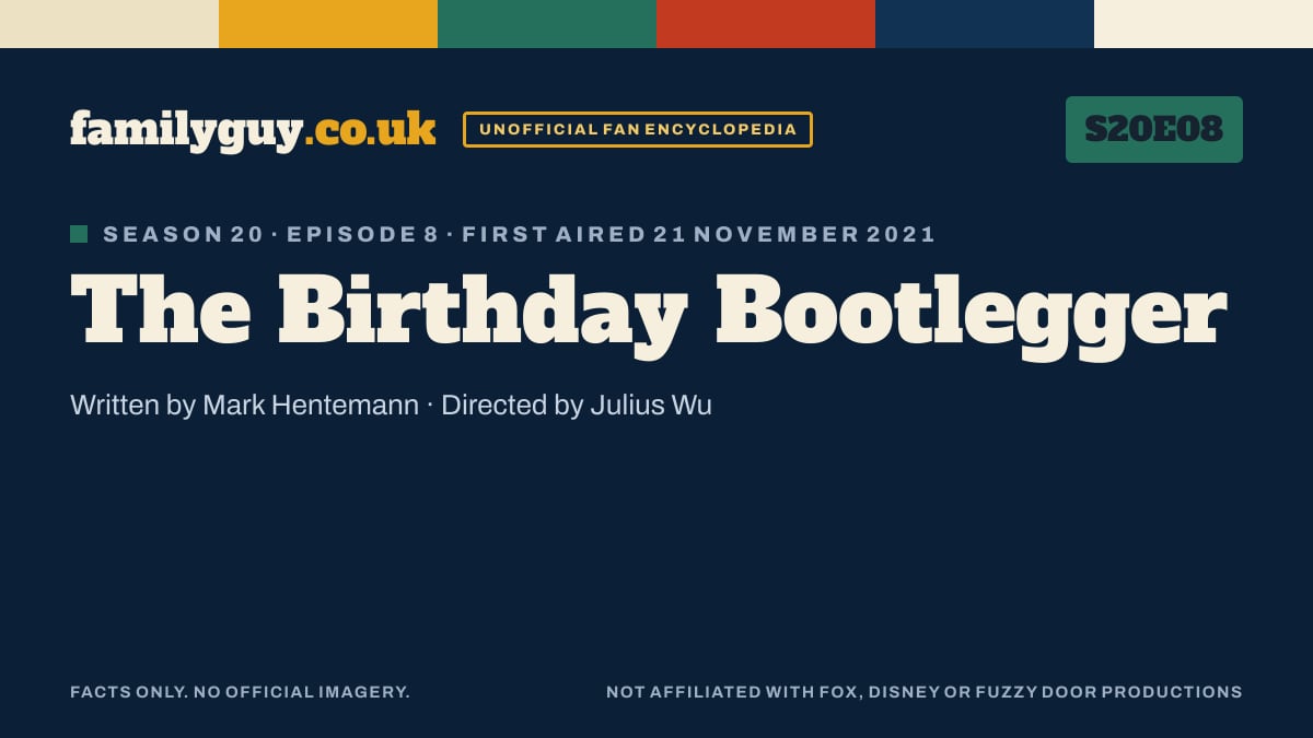 The Birthday Bootlegger, Family Guy S20E08, title card in the familyguy.co.uk design