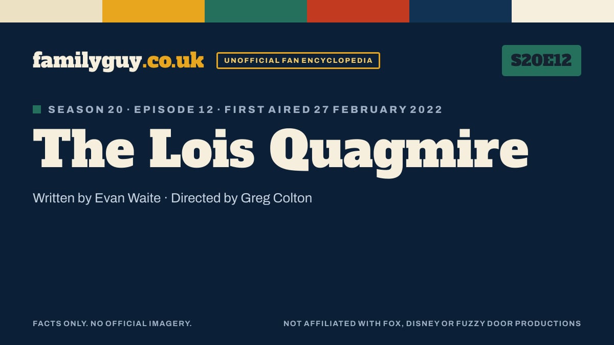 The Lois Quagmire, Family Guy S20E12, title card in the familyguy.co.uk design