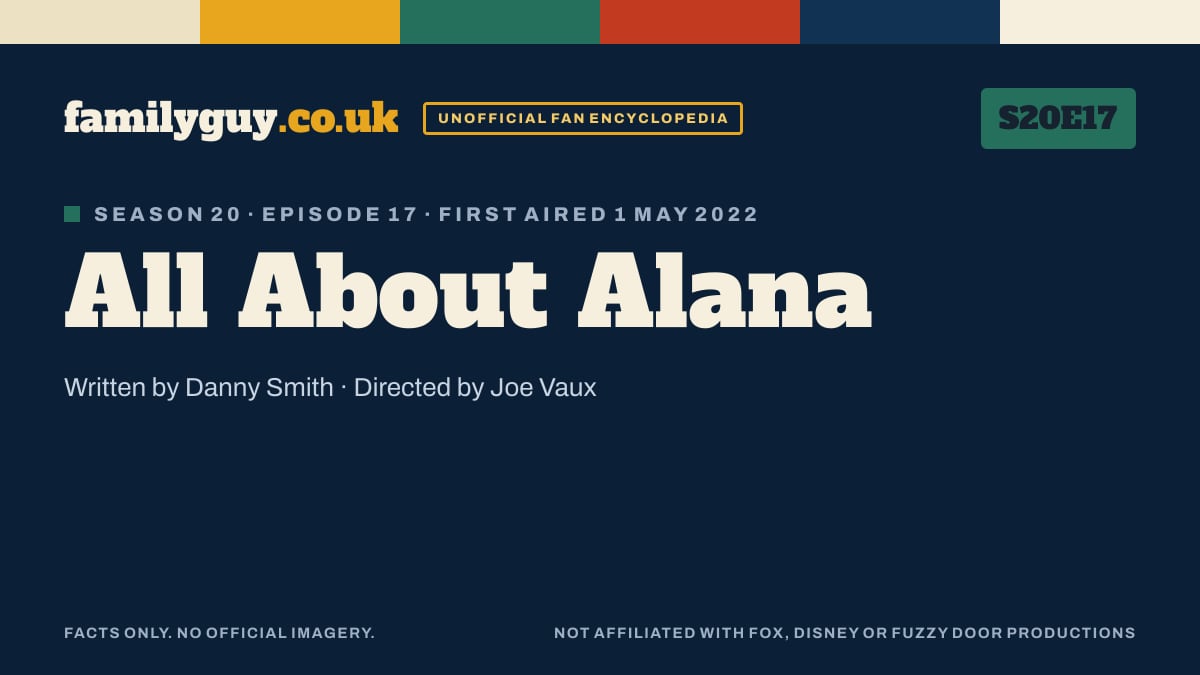 All About Alana, Family Guy S20E17, title card in the familyguy.co.uk design