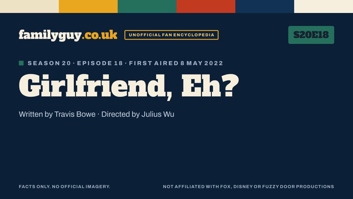Girlfriend, Eh?, Family Guy S20E18, title card in the familyguy.co.uk design