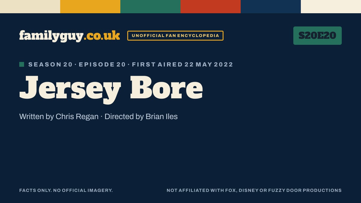 Jersey Bore, Family Guy S20E20, title card in the familyguy.co.uk design