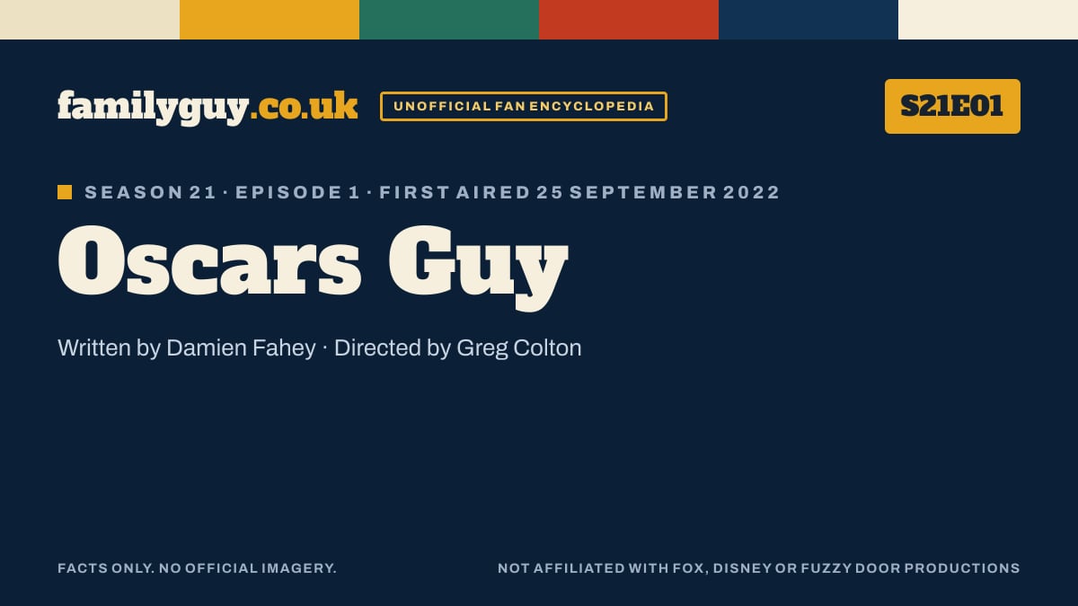 Oscars Guy, Family Guy S21E01, title card in the familyguy.co.uk design