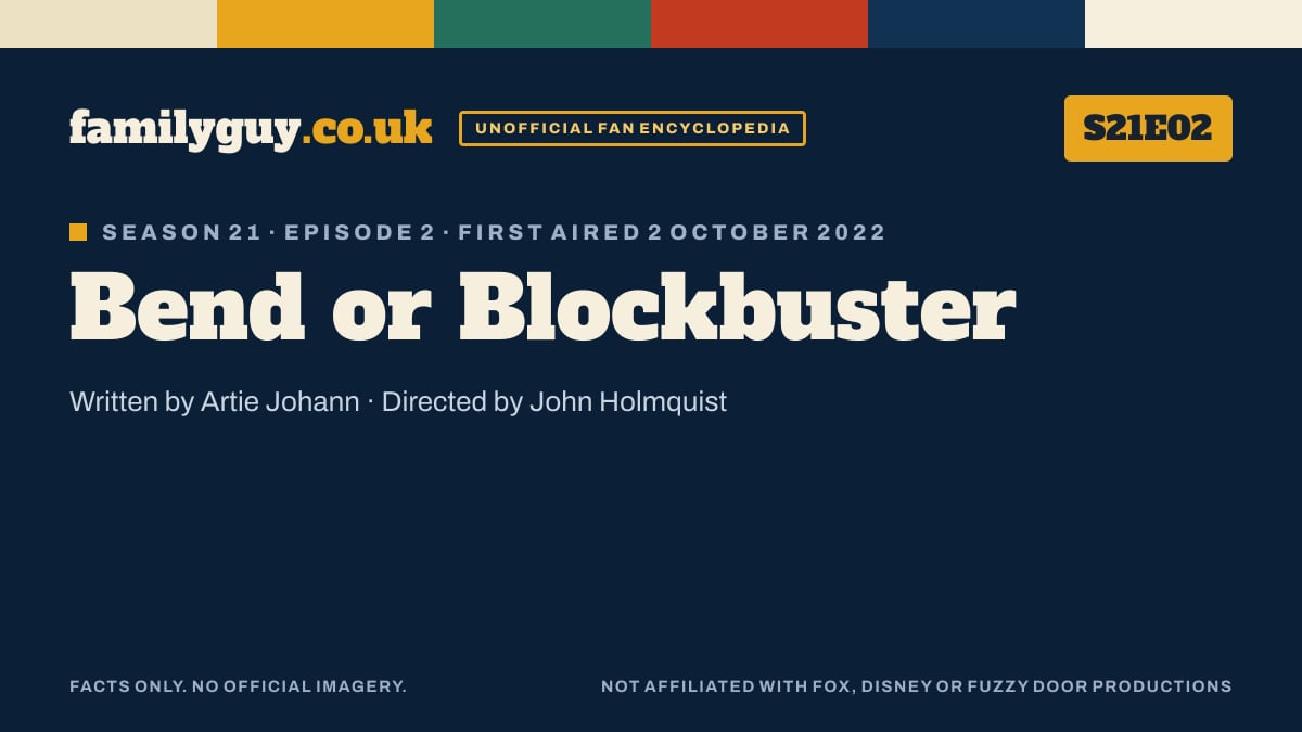 Bend or Blockbuster, Family Guy S21E02, title card in the familyguy.co.uk design