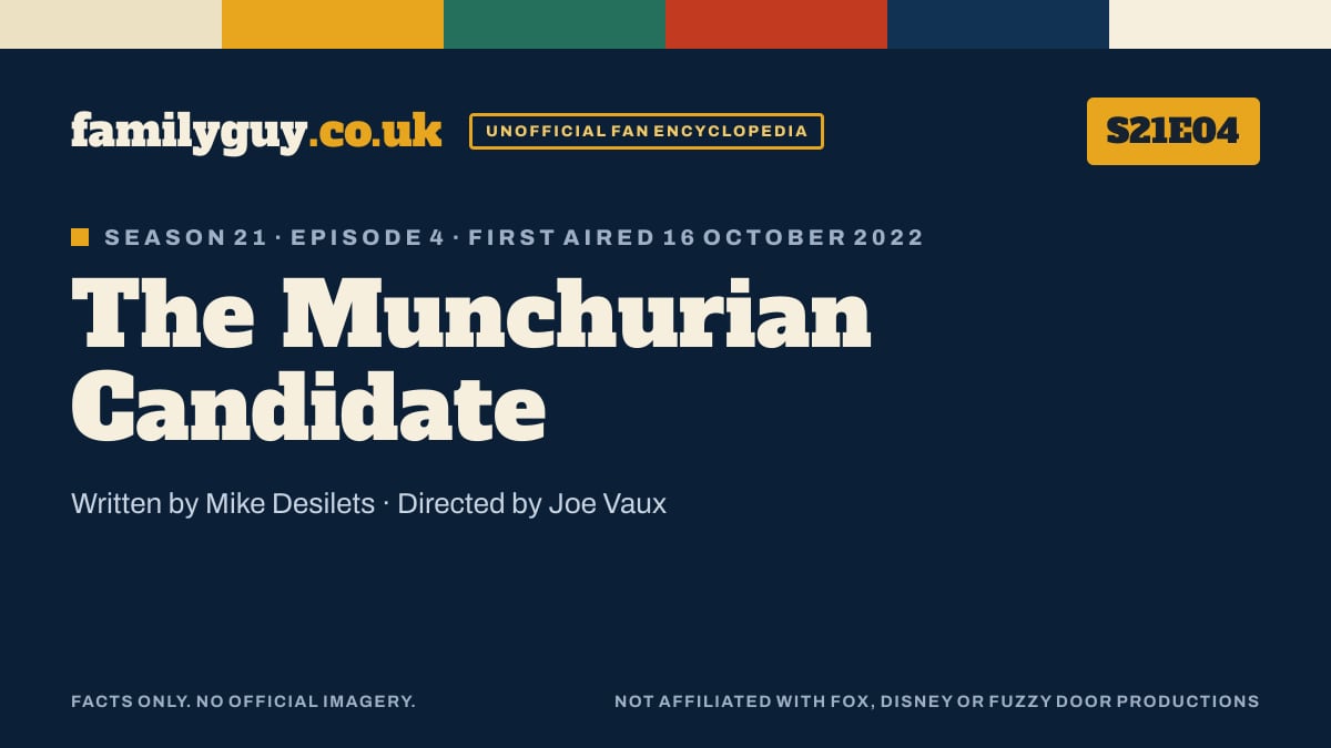 The Munchurian Candidate, Family Guy S21E04, title card in the familyguy.co.uk design