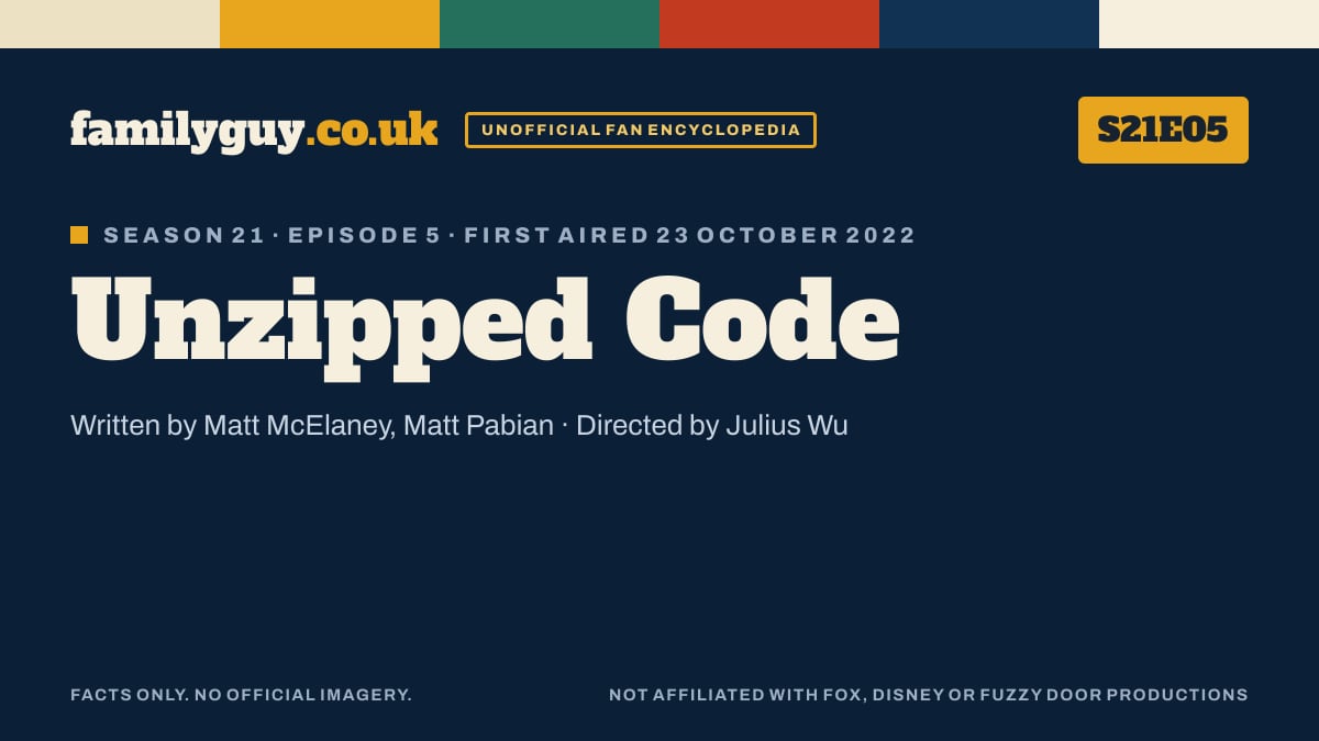Unzipped Code, Family Guy S21E05, title card in the familyguy.co.uk design