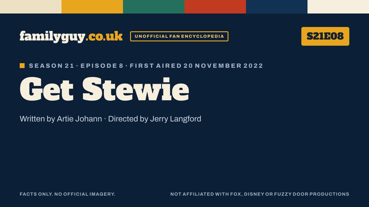 Get Stewie, Family Guy S21E08, title card in the familyguy.co.uk design