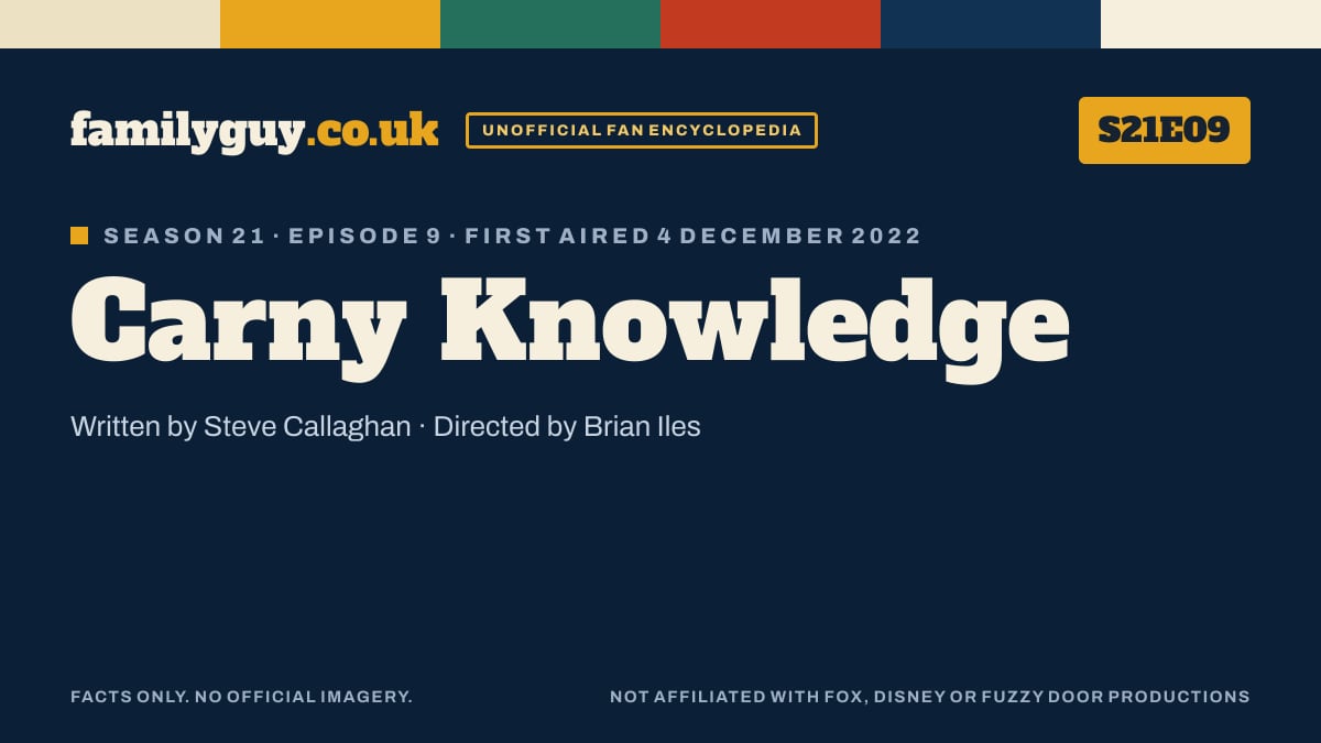 Carny Knowledge, Family Guy S21E09, title card in the familyguy.co.uk design