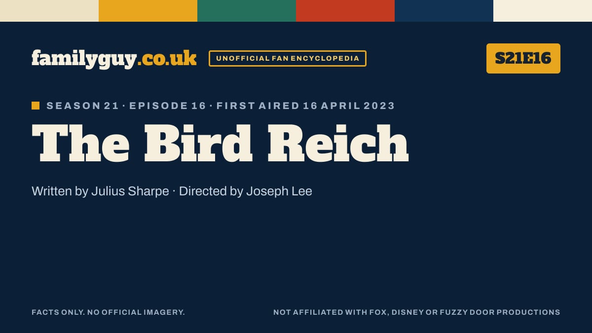 The Bird Reich, Family Guy S21E16, title card in the familyguy.co.uk design