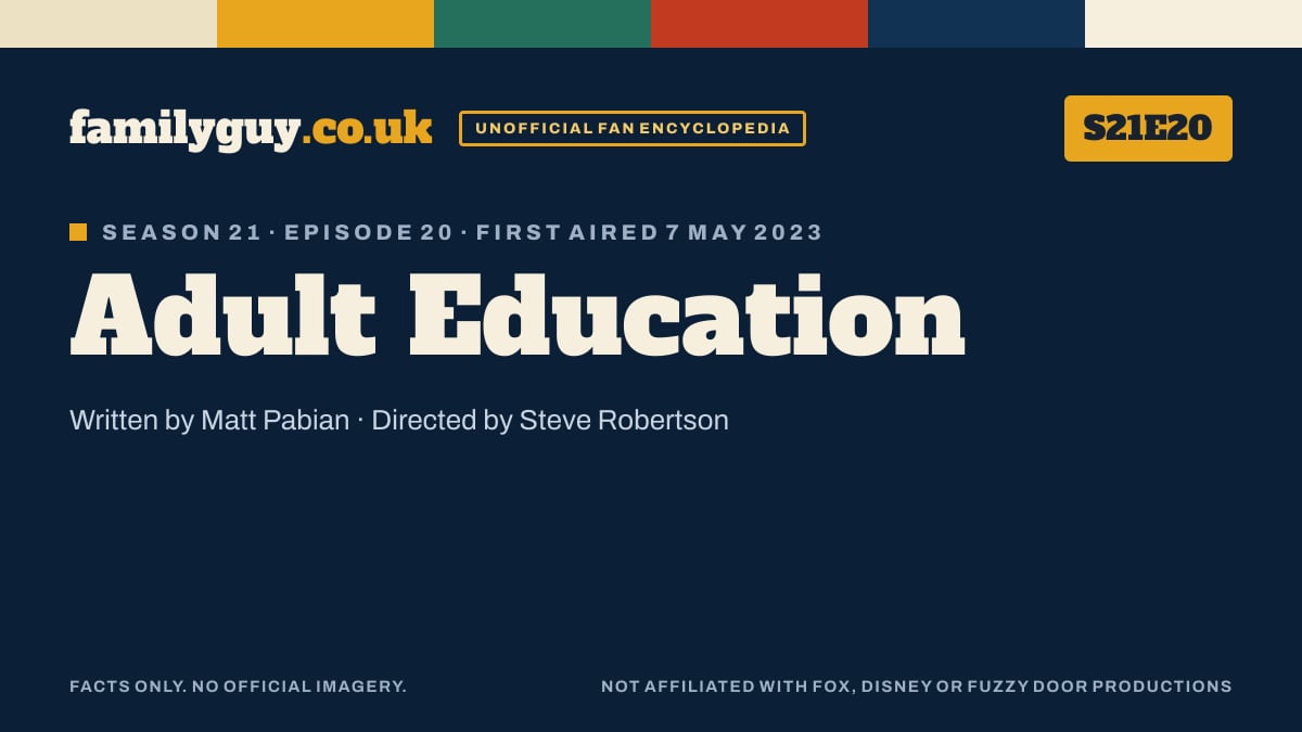 Adult Education, Family Guy S21E20, title card in the familyguy.co.uk design