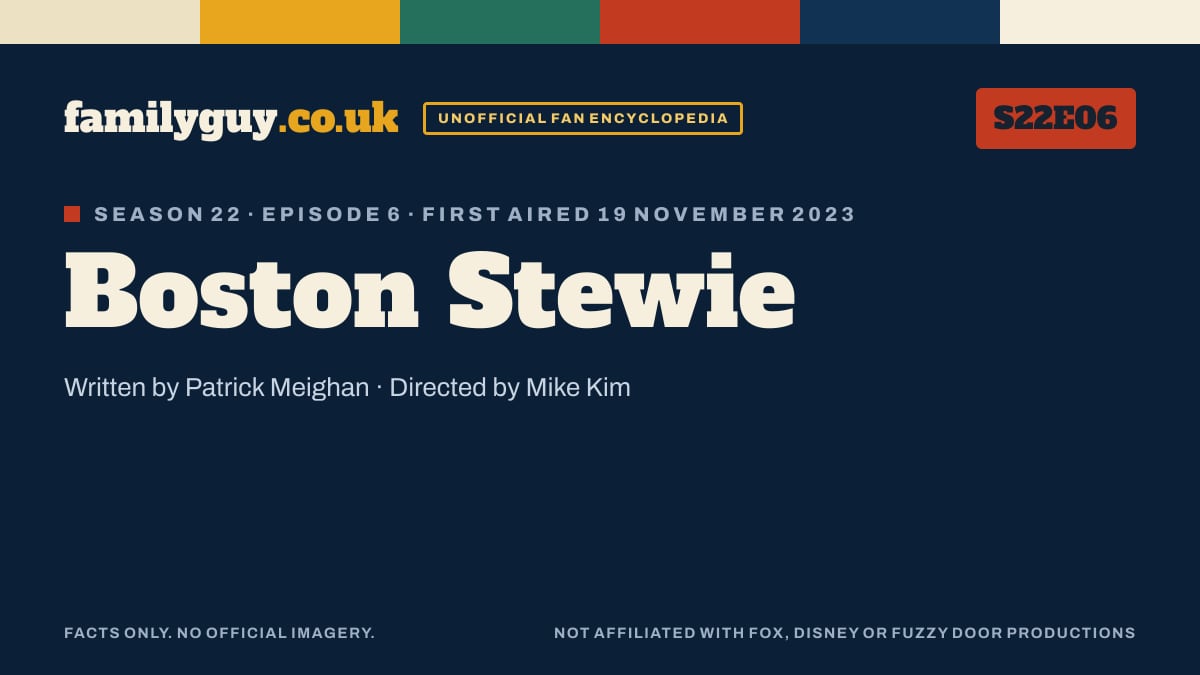 Boston Stewie, Family Guy S22E06, title card in the familyguy.co.uk design