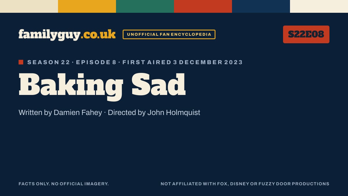Baking Sad, Family Guy S22E08, title card in the familyguy.co.uk design