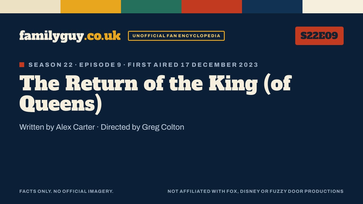 The Return of the King (of Queens), Family Guy S22E09, title card in the familyguy.co.uk design