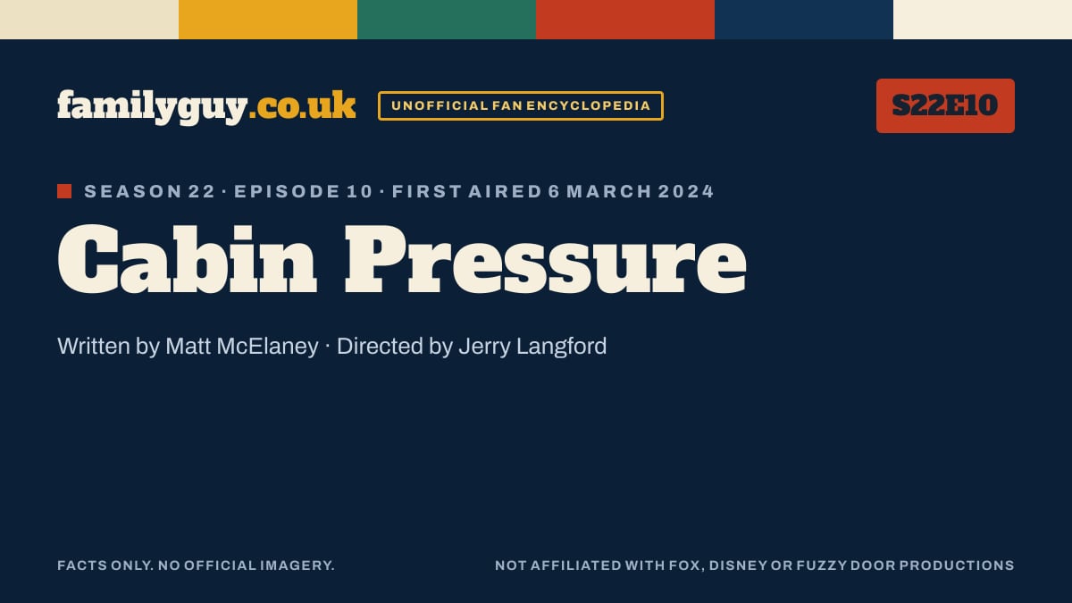 Cabin Pressure, Family Guy S22E10, title card in the familyguy.co.uk design