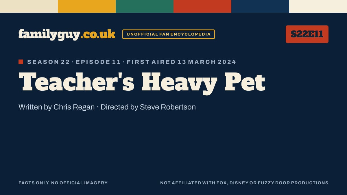 Teacher's Heavy Pet, Family Guy S22E11, title card in the familyguy.co.uk design