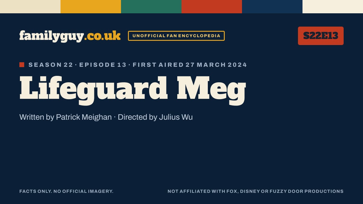 Lifeguard Meg, Family Guy S22E13, title card in the familyguy.co.uk design