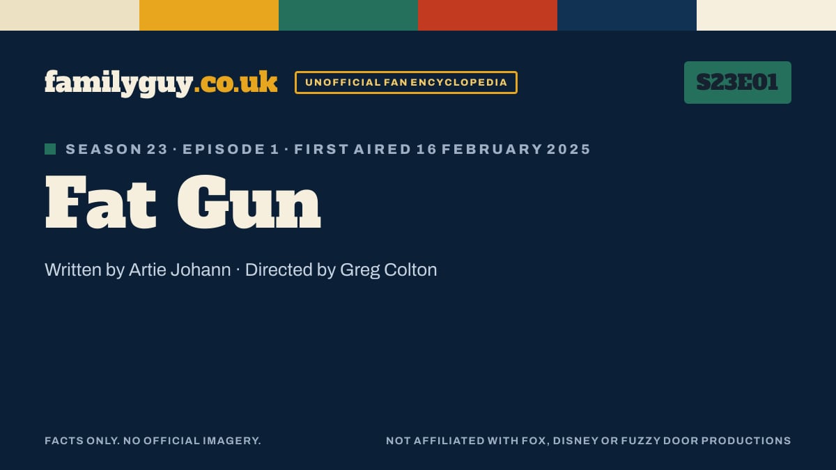 Fat Gun, Family Guy S23E01, title card in the familyguy.co.uk design