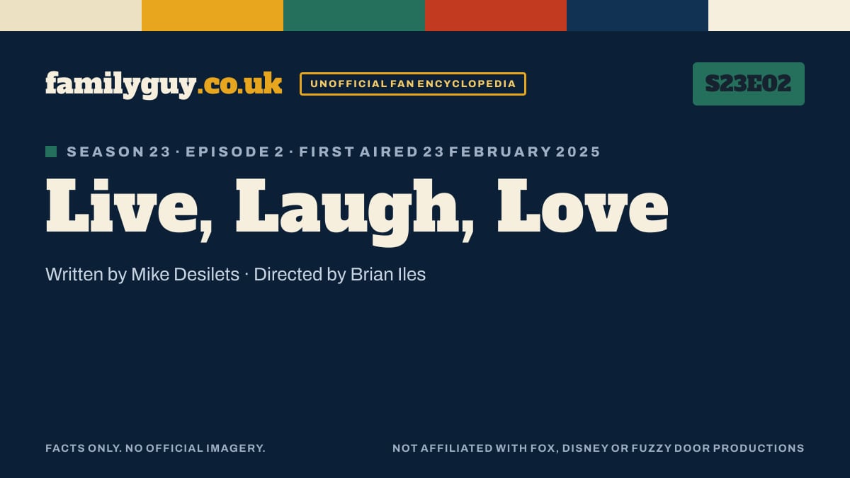 Live, Laugh, Love, Family Guy S23E02, title card in the familyguy.co.uk design