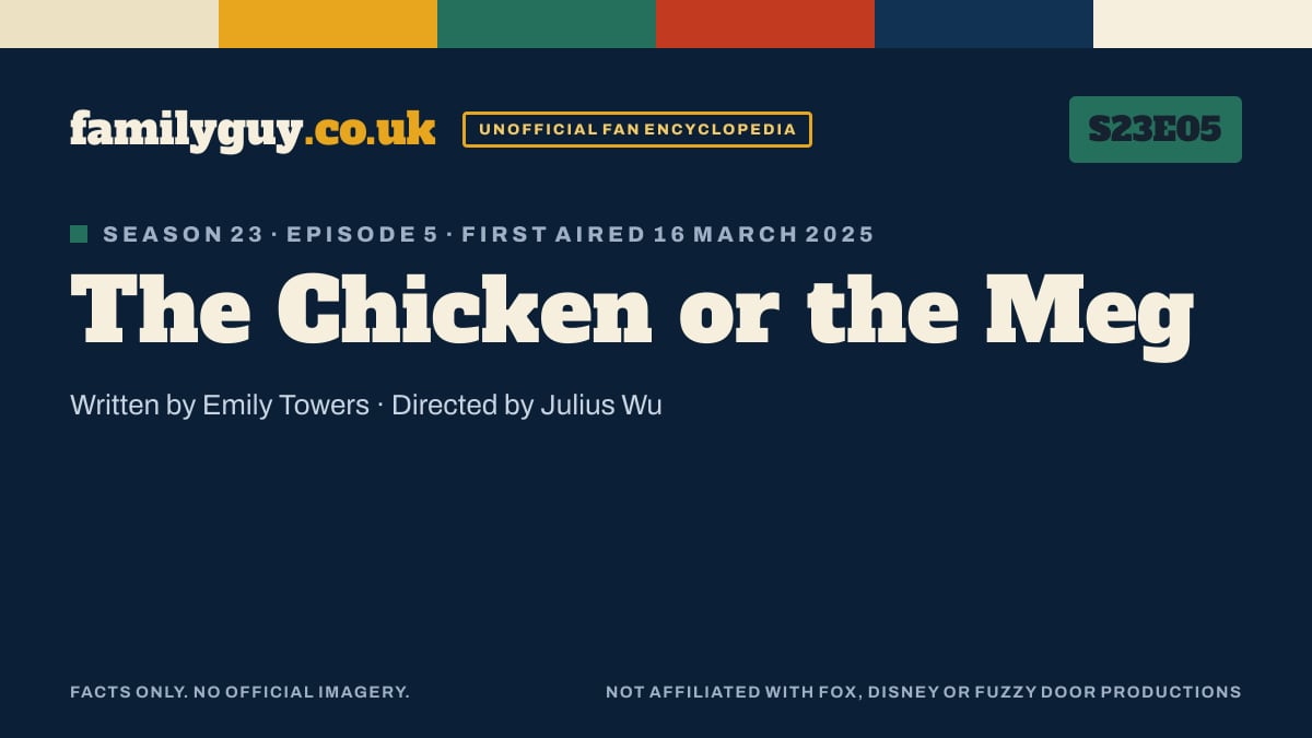 The Chicken or the Meg, Family Guy S23E05, title card in the familyguy.co.uk design