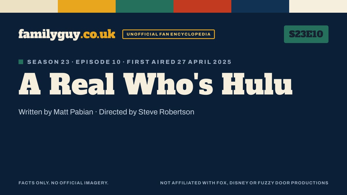 A Real Who's Hulu, Family Guy S23E10, title card in the familyguy.co.uk design