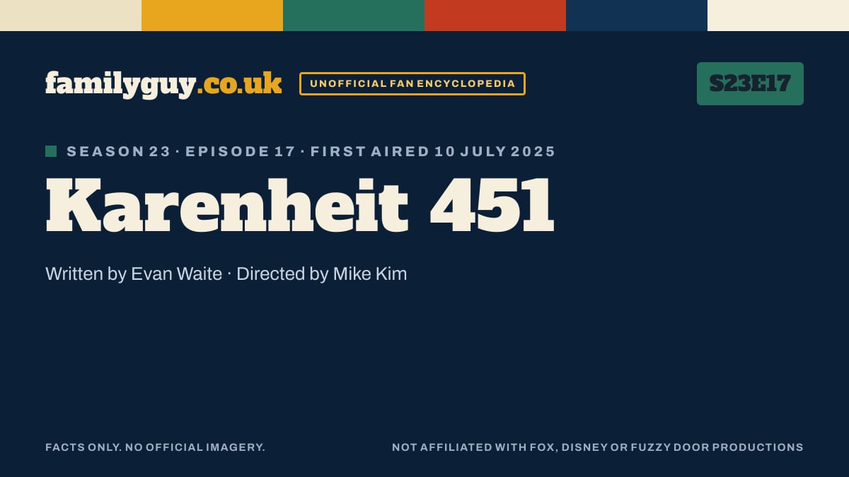 Karenheit 451, Family Guy S23E17, title card in the familyguy.co.uk design