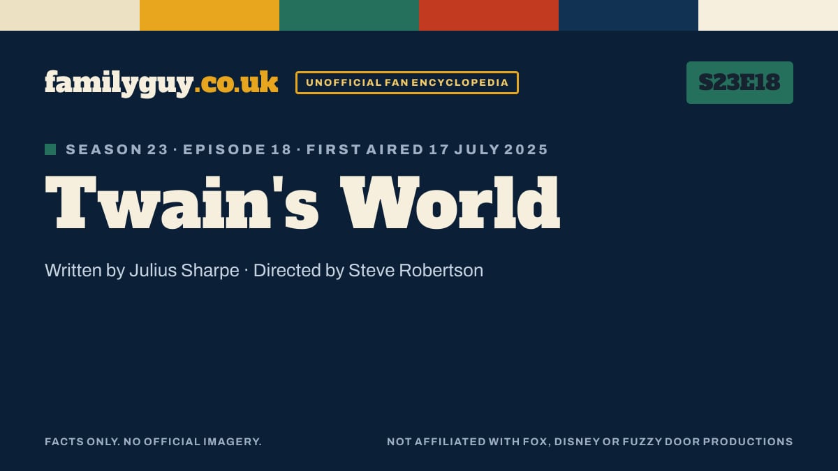 Twain's World, Family Guy S23E18, title card in the familyguy.co.uk design