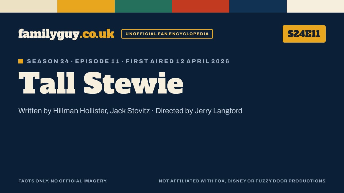 Tall Stewie, Family Guy S24E11, title card in the familyguy.co.uk design