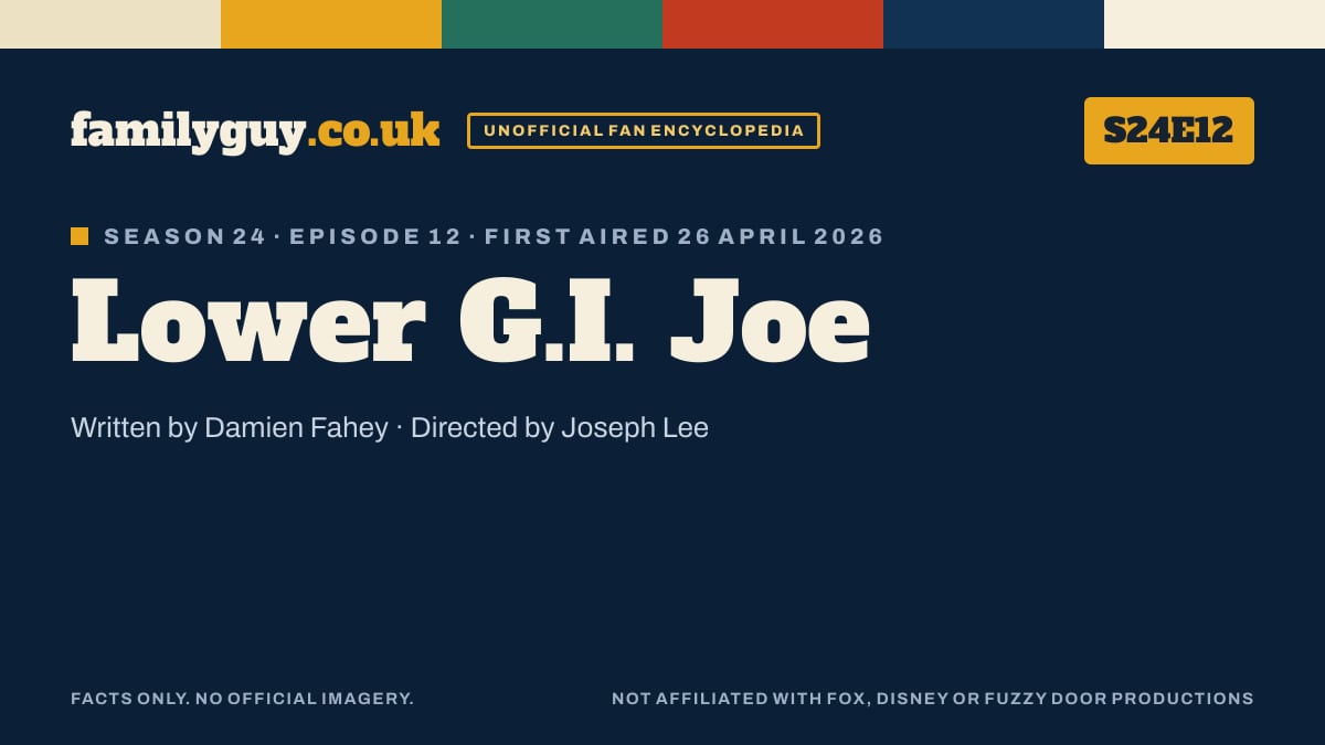 Lower G.I. Joe, Family Guy S24E12, title card in the familyguy.co.uk design